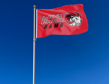 Load image into Gallery viewer, outdoor display of red winston salem state university flag with wssu rams logo for tailgate decor
