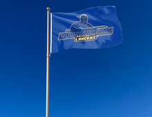 Load image into Gallery viewer, outdoor display of blue worcester state university lancers flag for tailgate decor

