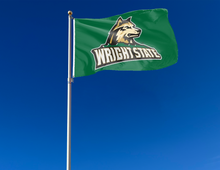 Load image into Gallery viewer, outdoor display of green wright state university flag for tailgate decor
