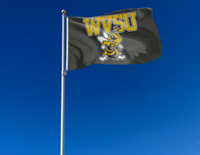Load image into Gallery viewer, outdoor display of black wvsu yellow jackets flag for tailgate decor
