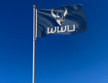 Load image into Gallery viewer, outdoor display of blue wwu vikings flag for tailgate decor
