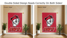 Load image into Gallery viewer, owu logo reading correctly on both sides of red double sided house flag

