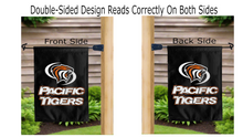 Load image into Gallery viewer, pacific tigers logo reading correctly on both sides of black double sided garden flag
