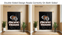 Load image into Gallery viewer, pacific tigers logo reading correctly on both sides of black double sided house flag
