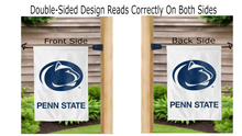 Load image into Gallery viewer, penn state logo reading correctly on both sides of white garden flag
