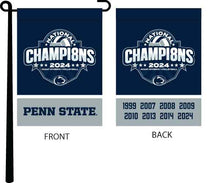 Load image into Gallery viewer, Blue and gray 13 by 18 inch long Penn State Volleyball NCAA Women's Volleyball Championship 2024 Champions Double Sided Garden Flag hanging on black garden flag stand
