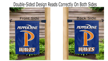 Load image into Gallery viewer, pepperdine waves logo reading correctly on both sides of both sides of blue double sided garden flag
