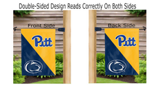 Load image into Gallery viewer, pitt penn state house divided logos reading correctly on garden flag
