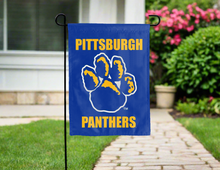 Load image into Gallery viewer, blue pittsburgh panthers double sided garden flag with pitt paw logo for yard decor
