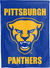 Load image into Gallery viewer, blue pittsburgh panthers double sided house flag with panther head logo for man cave decor
