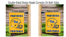 Load image into Gallery viewer, pittsburgh panthers football logo reading correctly on both sides of gold double sided garden flag
