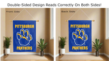 Load image into Gallery viewer, pittsburgh panthers logo and pitt paw logo reading correctly on both sides of blue double sided house flag
