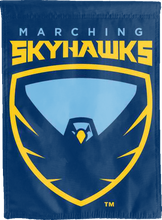 Load image into Gallery viewer, blue point university house flag with marching skyhawks logo for game day decor
