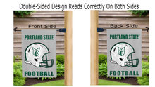 Load image into Gallery viewer, portland state football logo reading correctly on both sides of grey double sided garden flag
