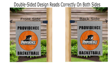 Load image into Gallery viewer, providence basketball logo reading correctly on both sides of grey double sided garden flag

