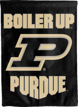 Load image into Gallery viewer, black purdue boiler up double sided house flag for college dorm decor

