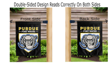 Load image into Gallery viewer, purdue fort wayne logo reading correctly on both sides of black double sided garden flag
