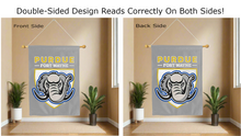 Load image into Gallery viewer, purdue fort wayne logo reading correctly on both sides of grey double sided house flag
