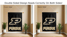 Load image into Gallery viewer, purdue university logo reading correctly on both sides of black double sided house flag
