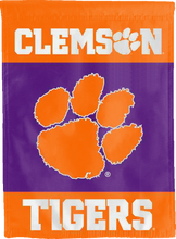 Load image into Gallery viewer, purple and orange clemson tigers double sided house flag for college dorm decor
