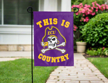 Load image into Gallery viewer, purple double sided garden flag with this is ecu pirates country logo for yard decor
