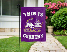 Load image into Gallery viewer, purple double sided garden flag with this is mckendree bearcats country logo for yard decor
