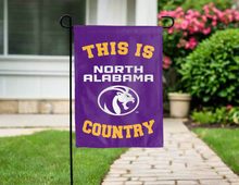 Load image into Gallery viewer, purple double sided garden flag with this is north alabama lions country logo for yard decor

