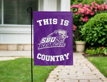 Load image into Gallery viewer, purple double sided garden flag with this is sbu bearcats country logo for yard decor
