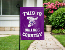 Load image into Gallery viewer, purple double sided garden flag with this is truman bulldog country logo for yard decor
