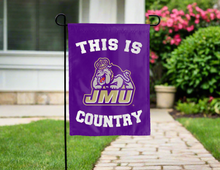 Load image into Gallery viewer, purple garden flag with this is jmu country logo for yard decor
