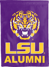 Load image into Gallery viewer, purple lsu alumni double sided house flag for college dorm decor
