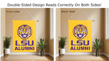 Load image into Gallery viewer, purple lsu alumni logo reading correctly on both sides of gold double sided house flag
