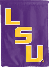 Load image into Gallery viewer, purple lsu double sided house flag for college dorm decor
