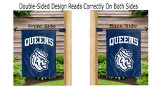 Load image into Gallery viewer, queens university of charlotte logo reading correctly on both sides of blue double sided garden flag
