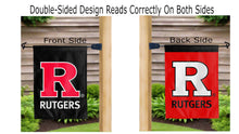 Load image into Gallery viewer, r rutgers logo reading correctly on both sides of red and black double sided garden flag
