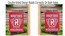 Load image into Gallery viewer, radford highlanders logo reading correctly on both sides of red double sided garden flag
