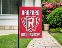 Load image into Gallery viewer, red radford university garden flag hung outside for yard decor

