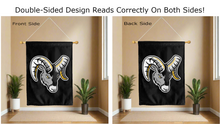 Load image into Gallery viewer, ram head logo reading correctly on both sides of black framingham state university double sided house flag 
