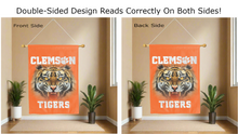 Load image into Gallery viewer, realistic tiger face clemson tigers logo reading correctly on both sides of orange double sided house flag
