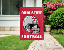 Load image into Gallery viewer, red double sided garden flag with ohio state football logo for yard decor
