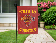 Load image into Gallery viewer, red double sided garden flag with this is flagler college saints country logo for yard decor
