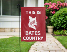 Load image into Gallery viewer, red double sided garden flag with this is bates country logo for yard decor
