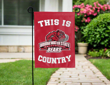 Load image into Gallery viewer, red double sided garden flag with this is bridgewater state university bears country logo for yard decor
