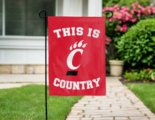 Load image into Gallery viewer, red double sided garden flag with this is cincinnati bearcats country logo for yard decor
