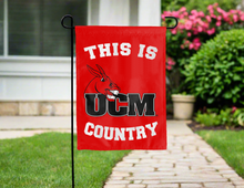 Load image into Gallery viewer, red double sided garden flag with this is ucm country logo for yard decor
