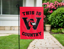 Load image into Gallery viewer, red double sided garden flag with this is wesleyan cardinals country logo for yard decor
