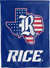 Load image into Gallery viewer, blue rice owls double sided house flag with patriot texas border logo for college dorm decor
