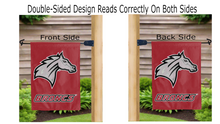 Load image into Gallery viewer, rider university broncs logo reading correctly on both sides of red double sided garden flag
