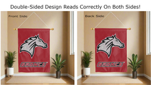 Load image into Gallery viewer, rider university broncs logo reading correctly on both sides of red double sided house flag
