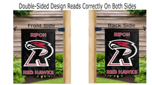 Load image into Gallery viewer, ripon red hawks logo reading correctly on both sides of black double sided garden flag
